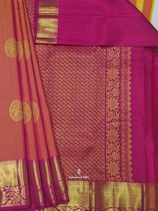 Kanjivaram Pinkkish Peach Pure Silk Saree With Magenta Rose Border