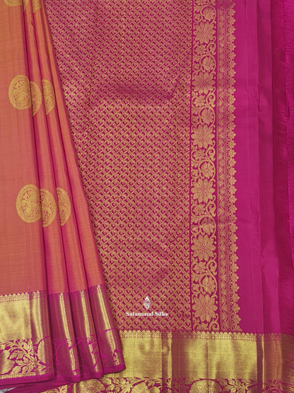 Kanjivaram Pinkkish Peach Pure Silk Saree With Magenta Rose Border