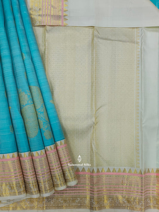 Kanjivaram Ice Blue Pure Silk Saree With Half White Border