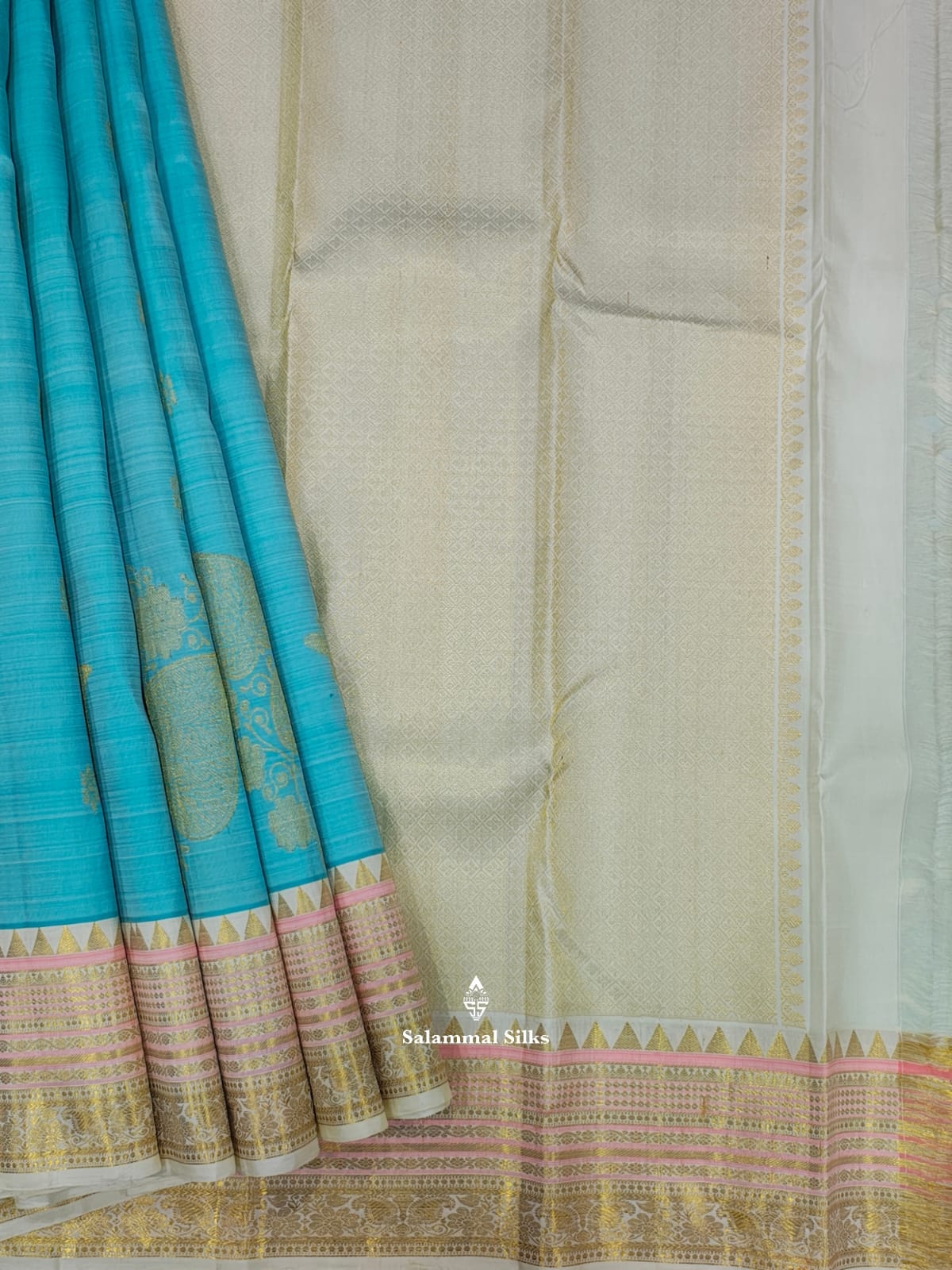 Kanjivaram Ice Blue Pure Silk Saree With Half White Border