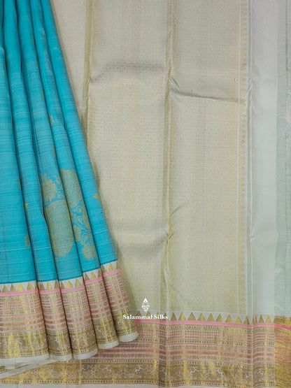 Kanjivaram Ice Blue Pure Silk Saree With Half White Border