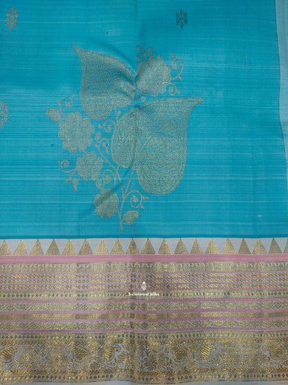 Kanjivaram Ice Blue Pure Silk Saree With Half White Border