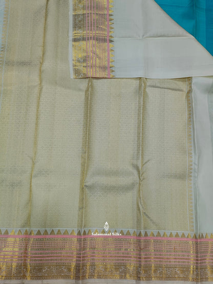 Kanjivaram Ice Blue Pure Silk Saree With Half White Border