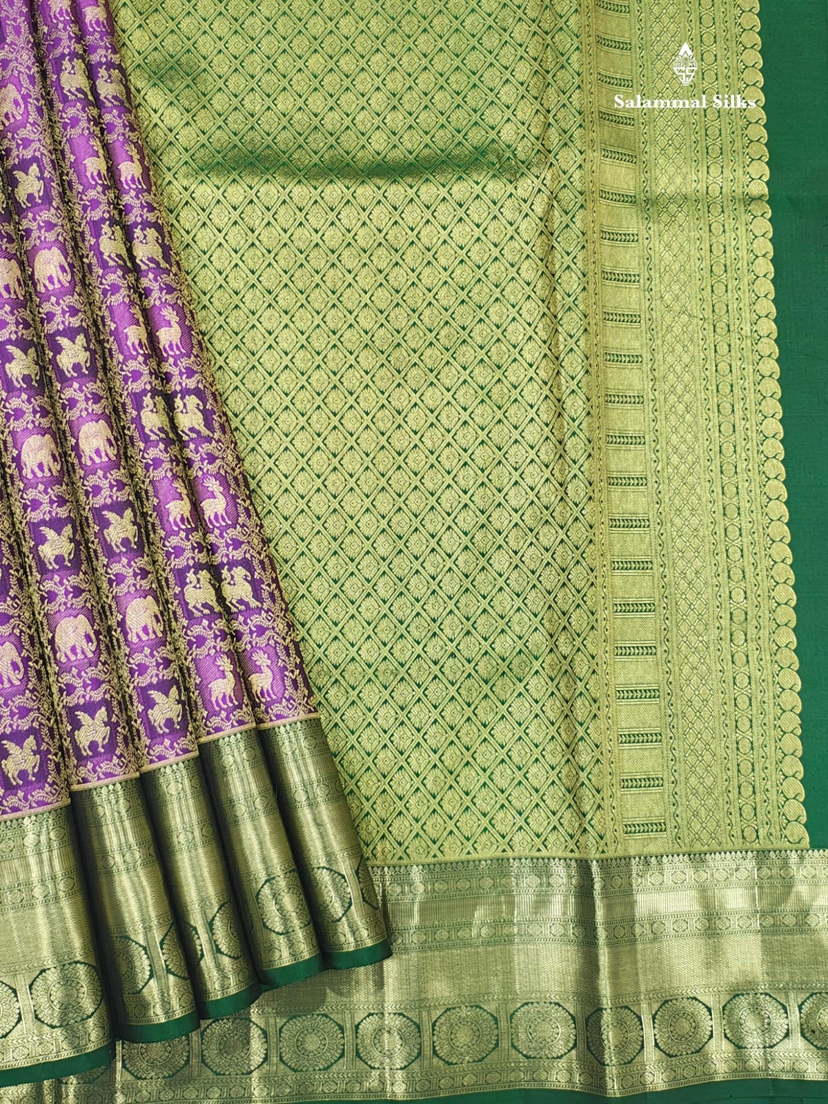 Kanjivaram Grand Beautiful Violet Pure Silk Saree With Bottle Green Blouse