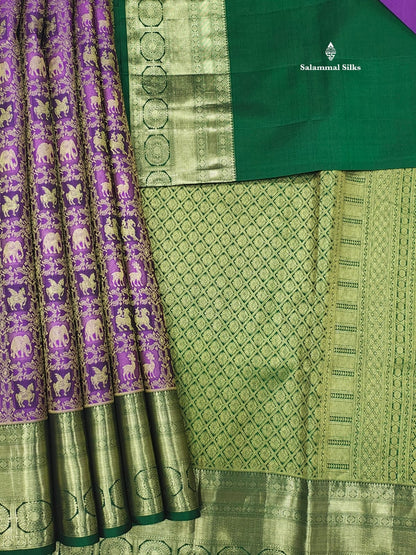 Kanjivaram Grand Beautiful Violet Pure Silk Saree With Bottle Green Blouse