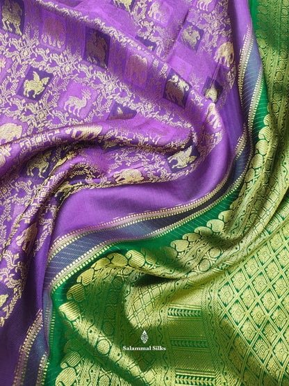 Kanjivaram Grand Beautiful Violet Pure Silk Saree With Bottle Green Blouse