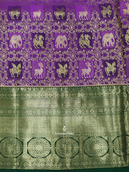 Kanjivaram Grand Beautiful Violet Pure Silk Saree With Bottle Green Blouse