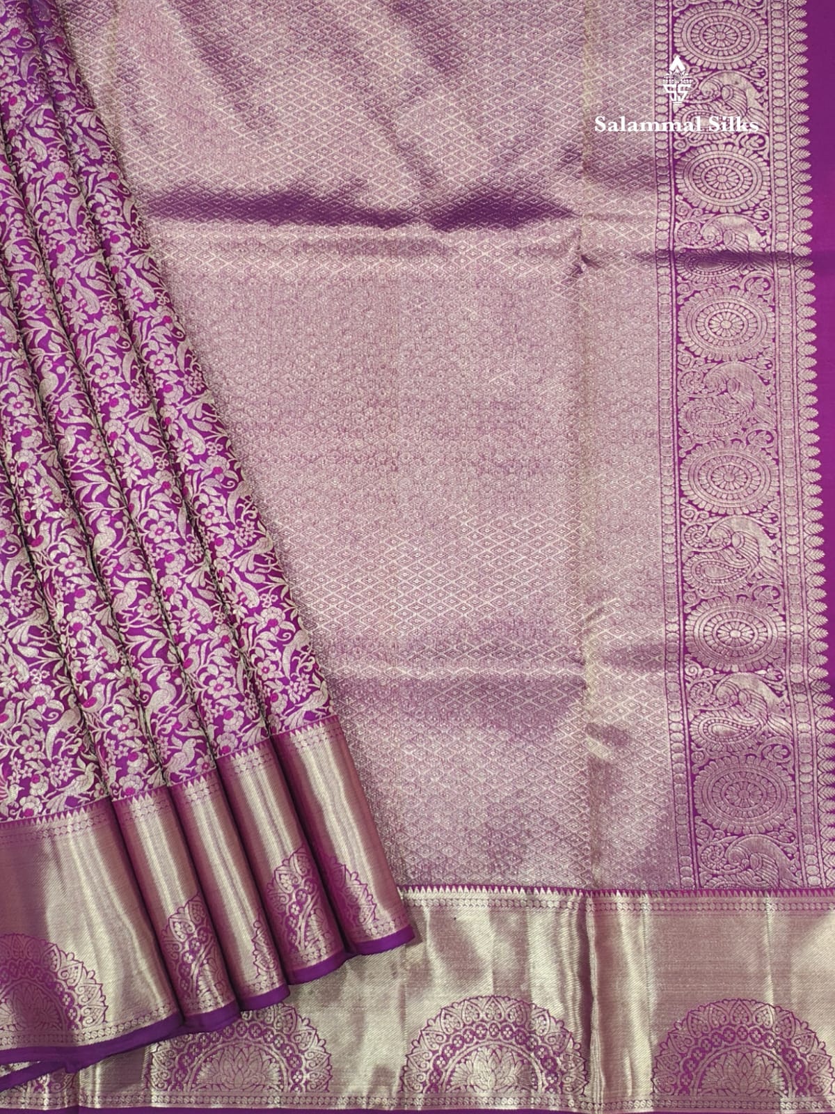 Kanjivaram Violet Meena Work Pure Silk Saree With Blouse