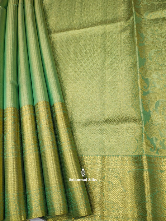 Kanjivaram Pista Green Plain Tissue 2G Zari Pure Silk Saree With Blouse