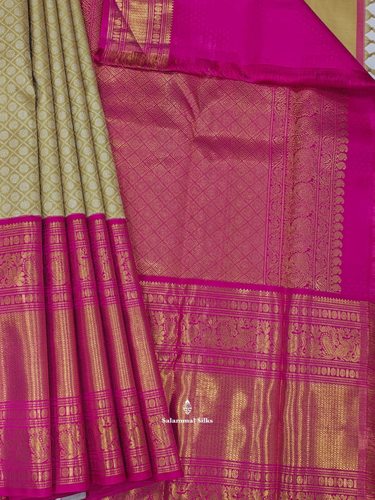 Kanjivaram Sandal 2G Zari Pure Silk Saree With Magenta Rose