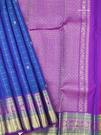 Kanjivaram Peacock Blue Checks  Pure Silk Saree With Violet Border