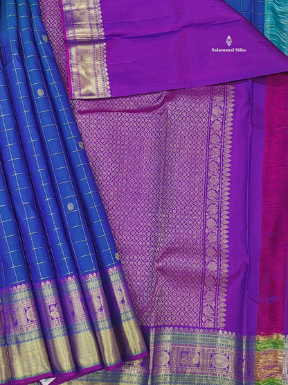 Kanjivaram Peacock Blue Checks  Pure Silk Saree With Violet Border