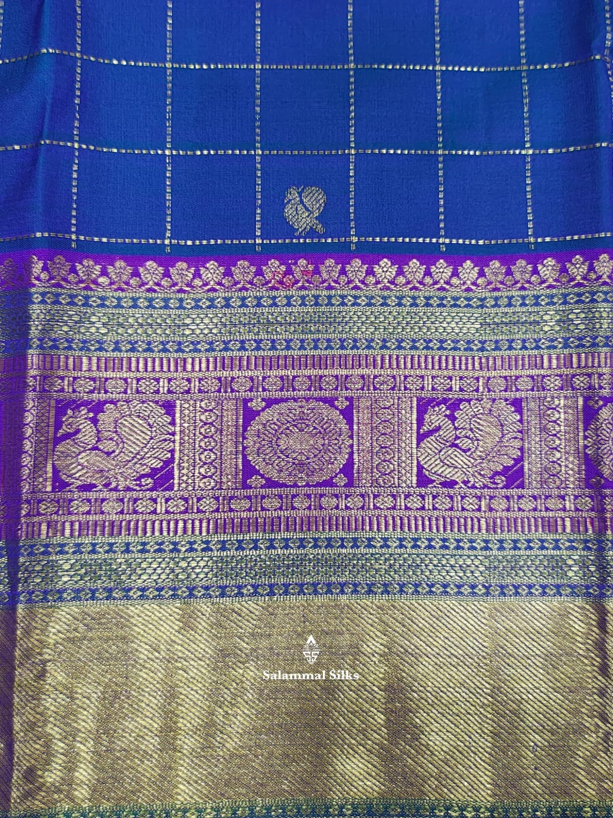 Kanjivaram Peacock Blue Checks  Pure Silk Saree With Violet Border