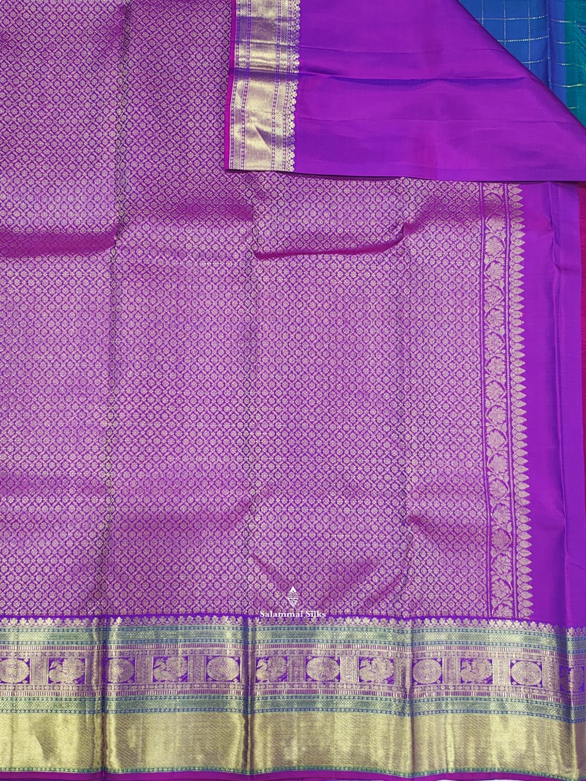 Kanjivaram Peacock Blue Checks  Pure Silk Saree With Violet Border