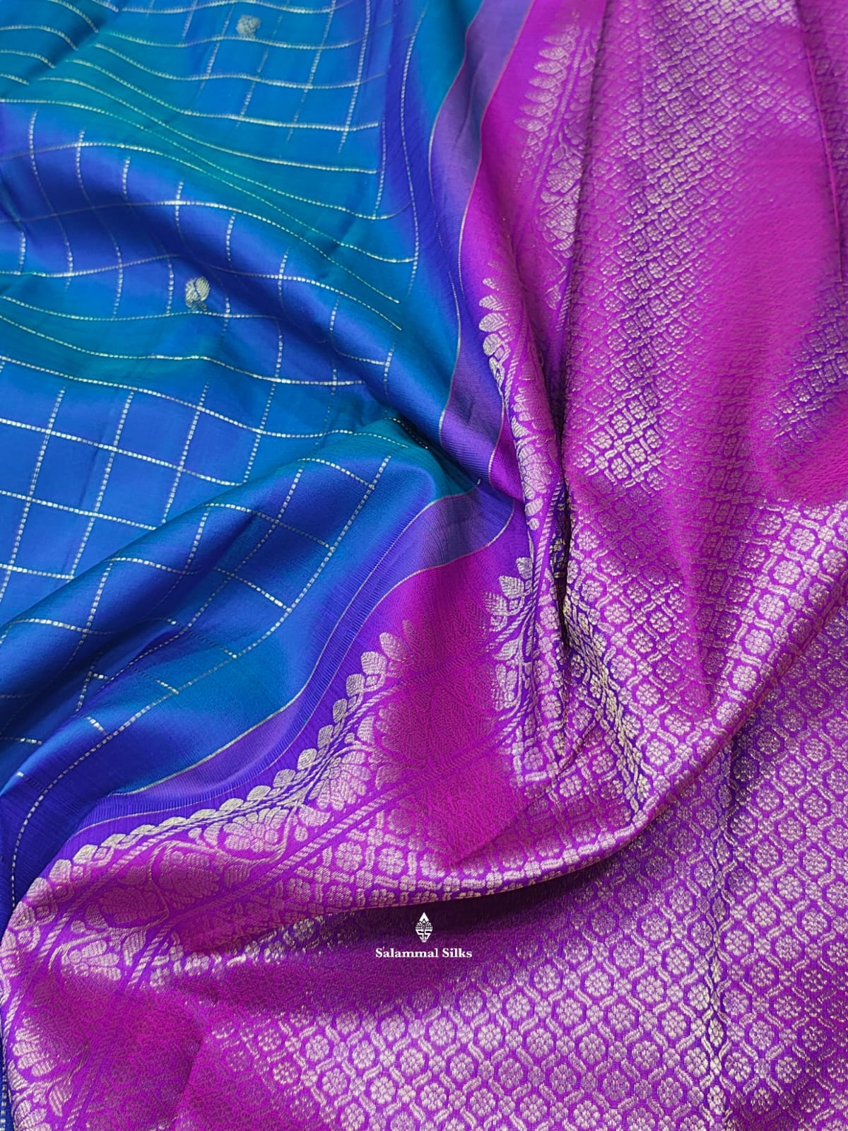 Kanjivaram Peacock Blue Checks  Pure Silk Saree With Violet Border