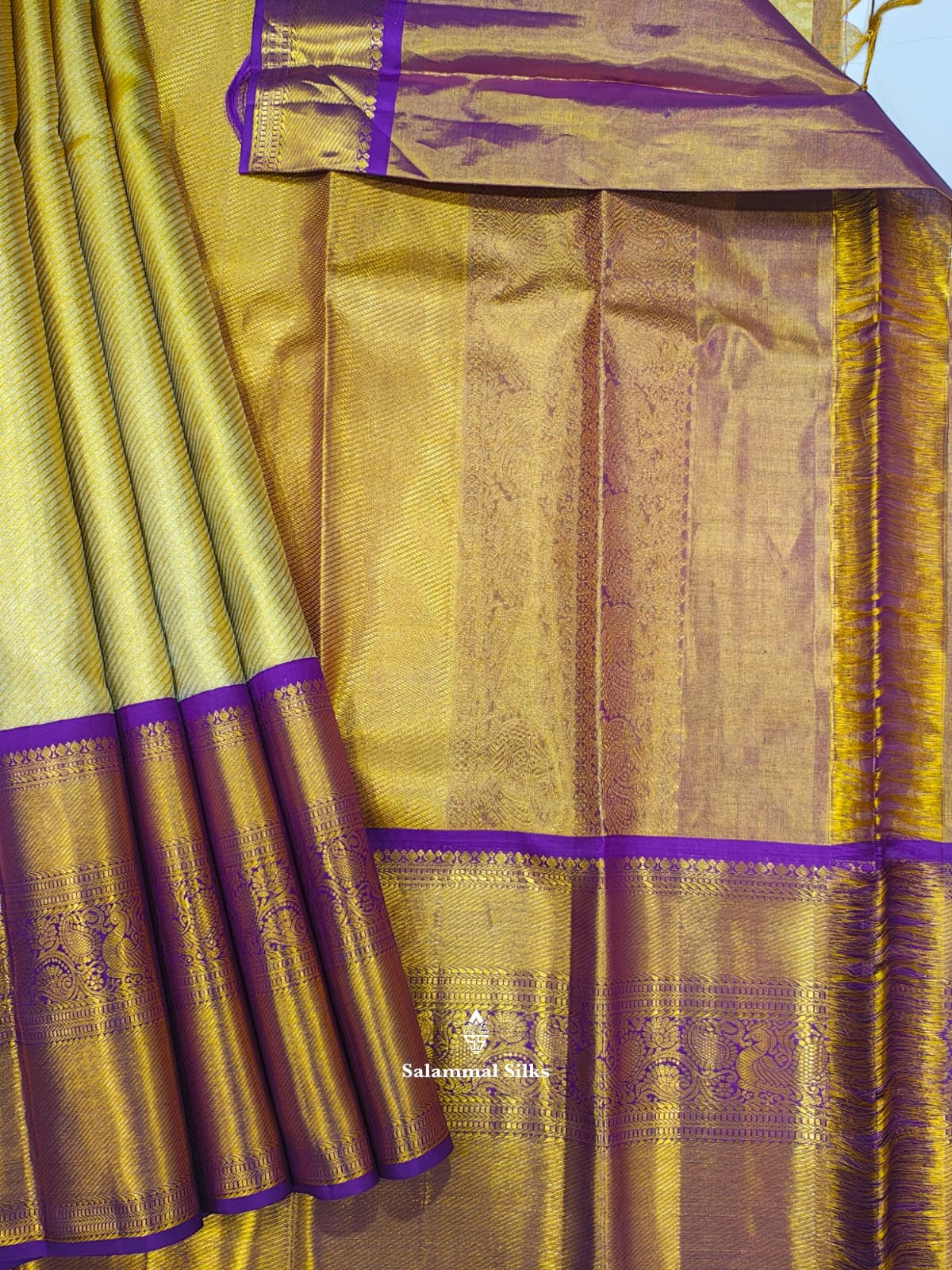 Kanjivaram Gold Tissue Grand Pure Silk Saree With Violet Border