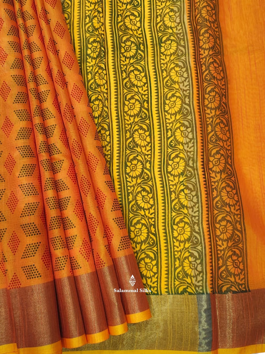 Orange Fancy Saree With Copper Zari Border