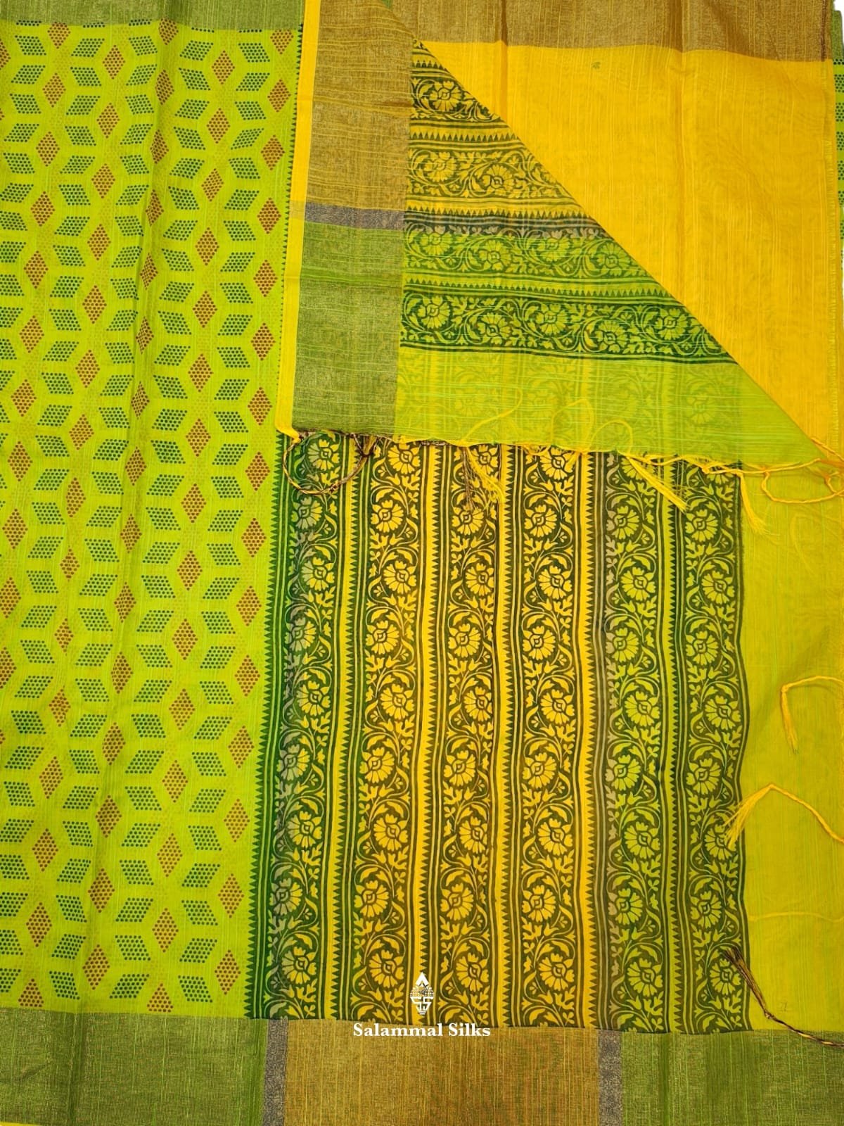 Parrot Green Fancy Saree With Copper Zari Border