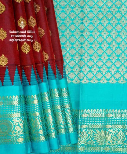 Maroon with Sapphire Green Kanjivaram Silk Saree.